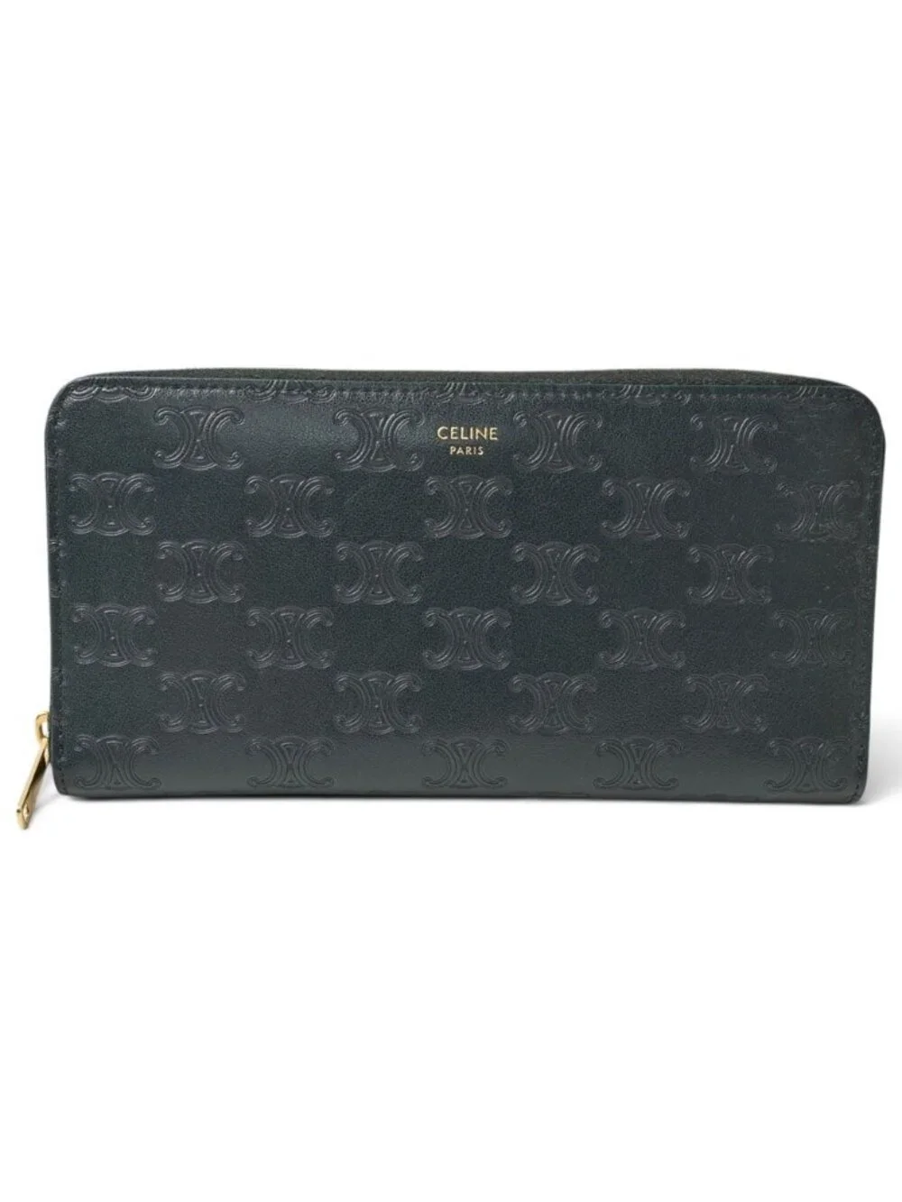 Celine Wallet Amazone Green Triomphe Embossed Large Zip Around Leather